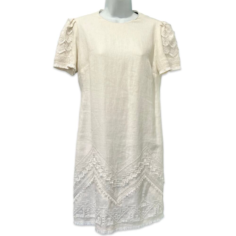 Kobi Halperin Ivory Beaded Tassel Mini Shift Linen Short Sleeve Dress size M